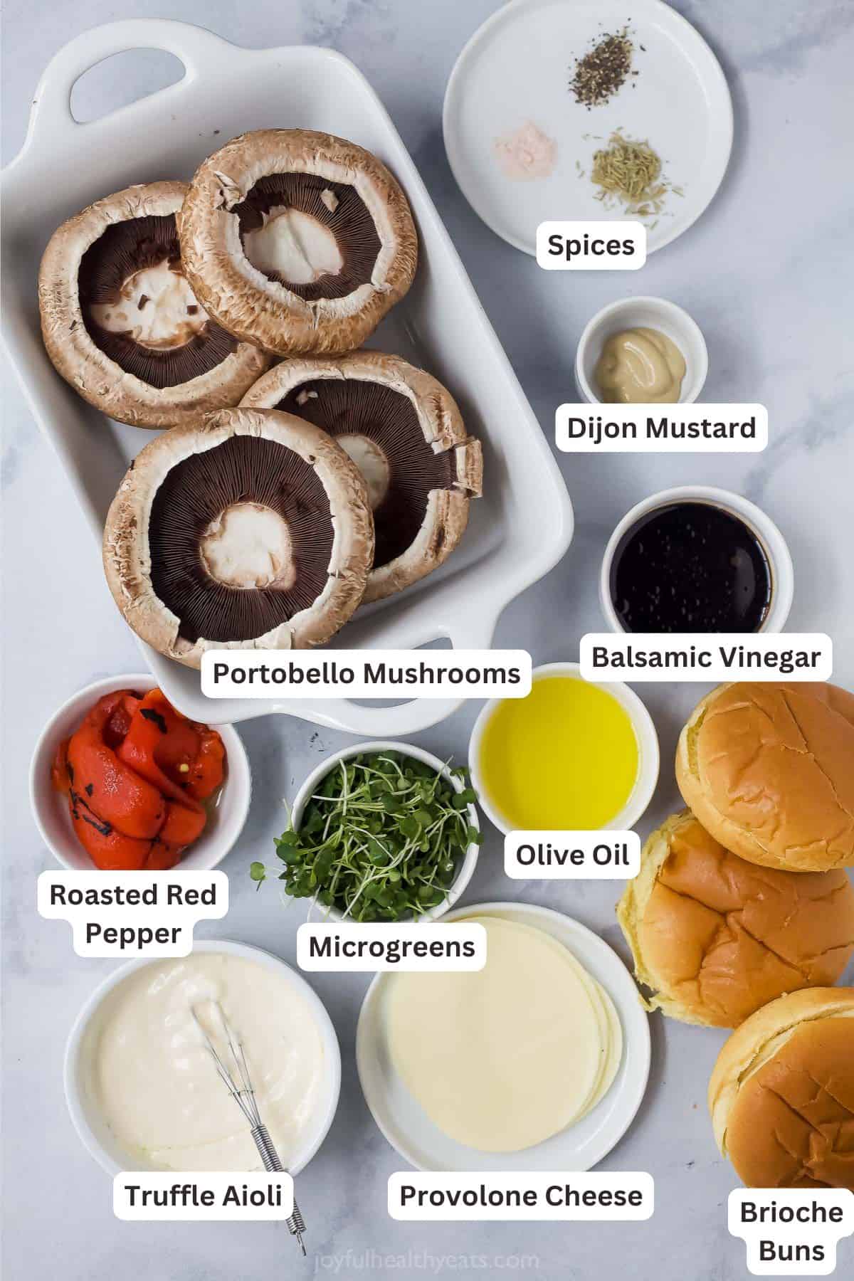 Melti provolone, roasted red pepper and creamy trafle IOli, it can only be the best portobelo mushroom sandwich! Overhead view of components for Portobelo Mushroom Sandwich