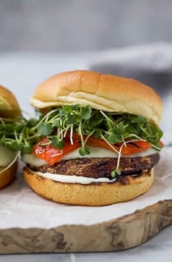 Grilled portobello mushroom sandwich on brioche bun