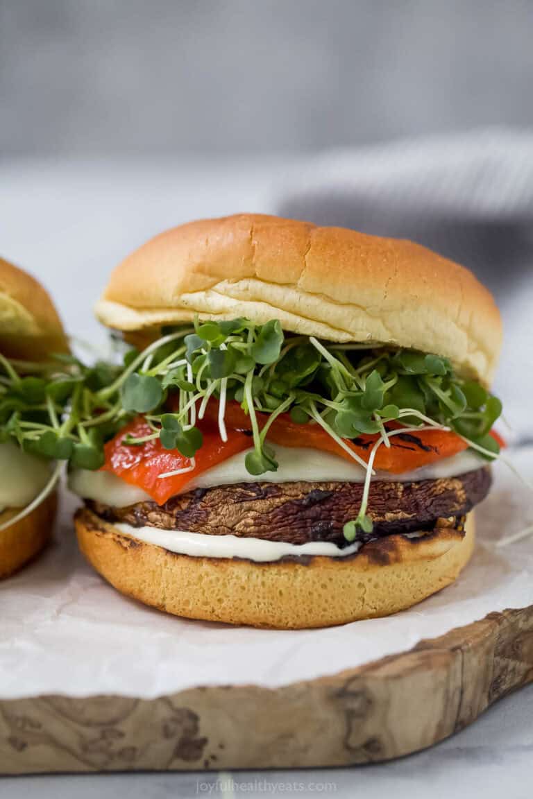 Grilled portobello mushroom sandwich on brioche bun