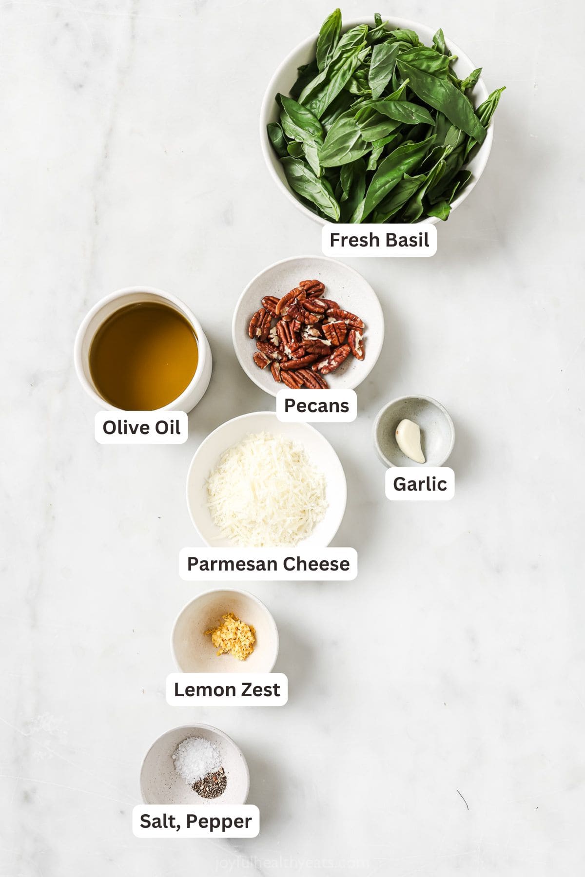 This Homemade Basil Pesto recipe is made with pecans instead of pine nuts to give it some extra body. It's my favorite way to make pesto! Overhead view of ingredients for homemade basil pesto
