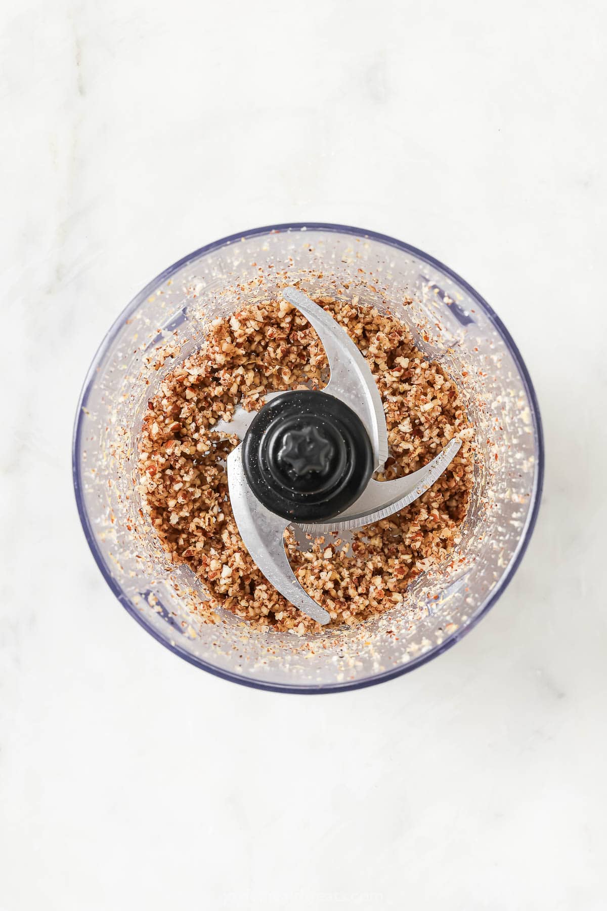 This Homemade Basil Pesto recipe is made with pecans instead of pine nuts to give it some extra body. It's my favorite way to make pesto! Ground pecans in food processor bowl