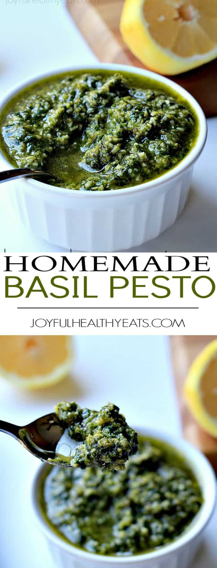 A basic light, fresh, and Herby Homemade Basil Pesto. {made in 5 minutes} | www.joyfulhealthyeats.com #recipes