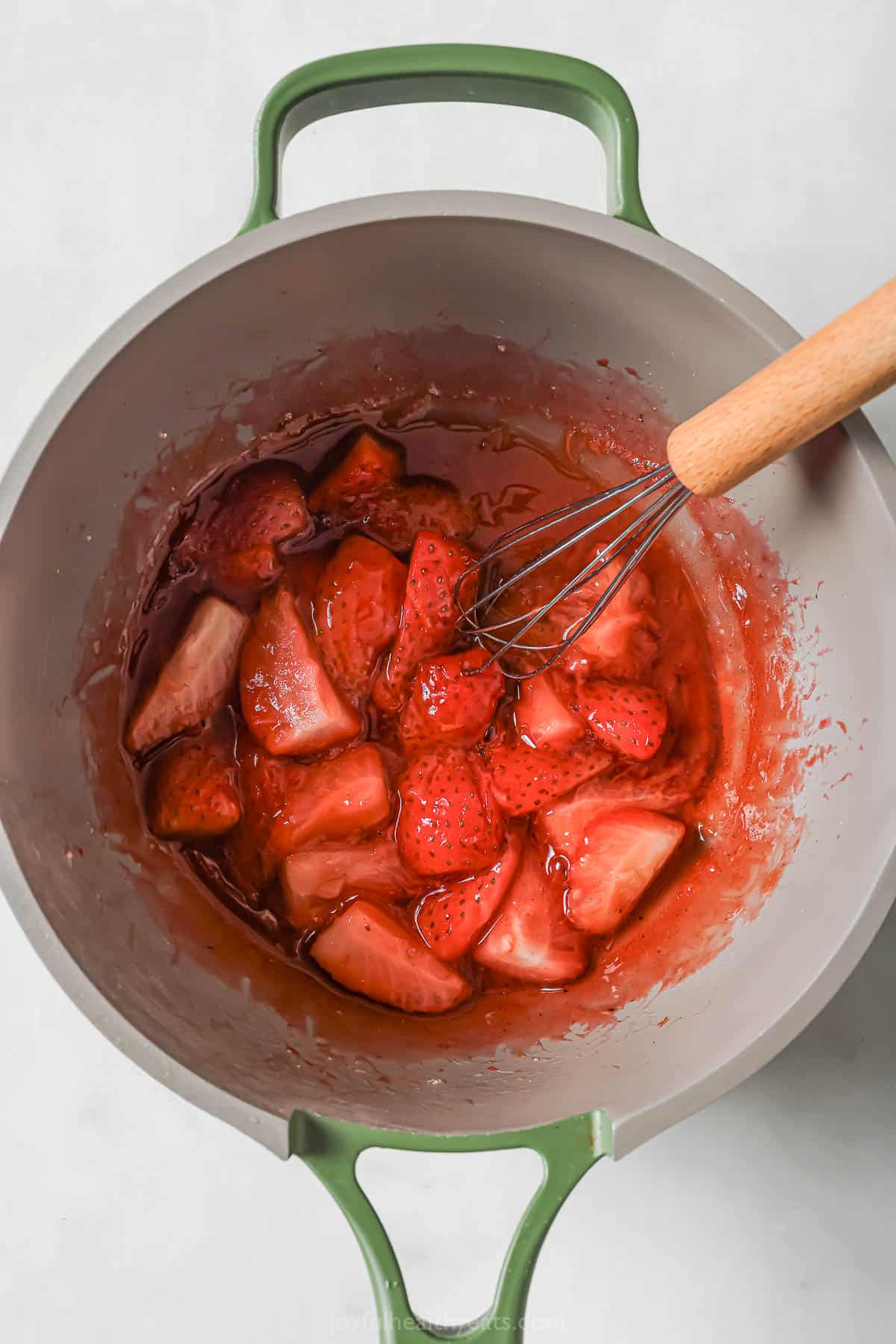 Overhead view of strawberry compote in pan