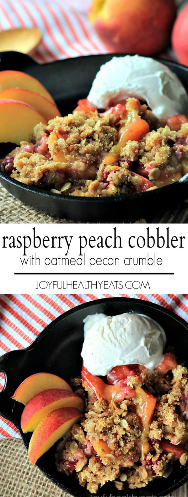 A sweet homemade Raspberry Peach Cobbler for two made with fresh raspberries, peaches, and hints of cinnamon topped with an Crunchy Oatmeal Pecan Crumble. | joyfulhealthyeats.com #recipes