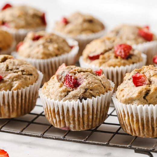 Landscape photo of strawberry banana muffins.