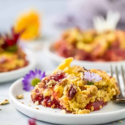 close up of plate filled with pineapple cherry dump cake
