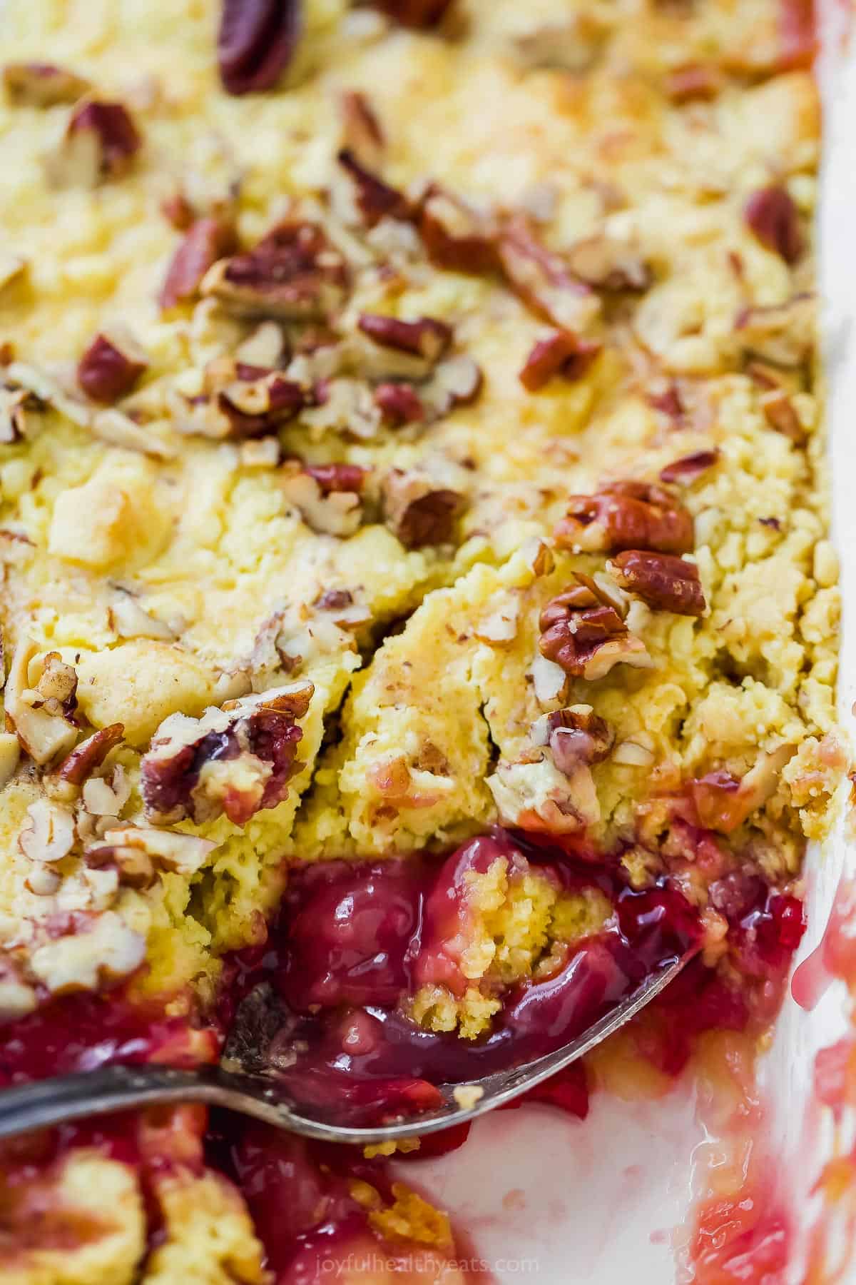 close up of pineapple cherry dump cake