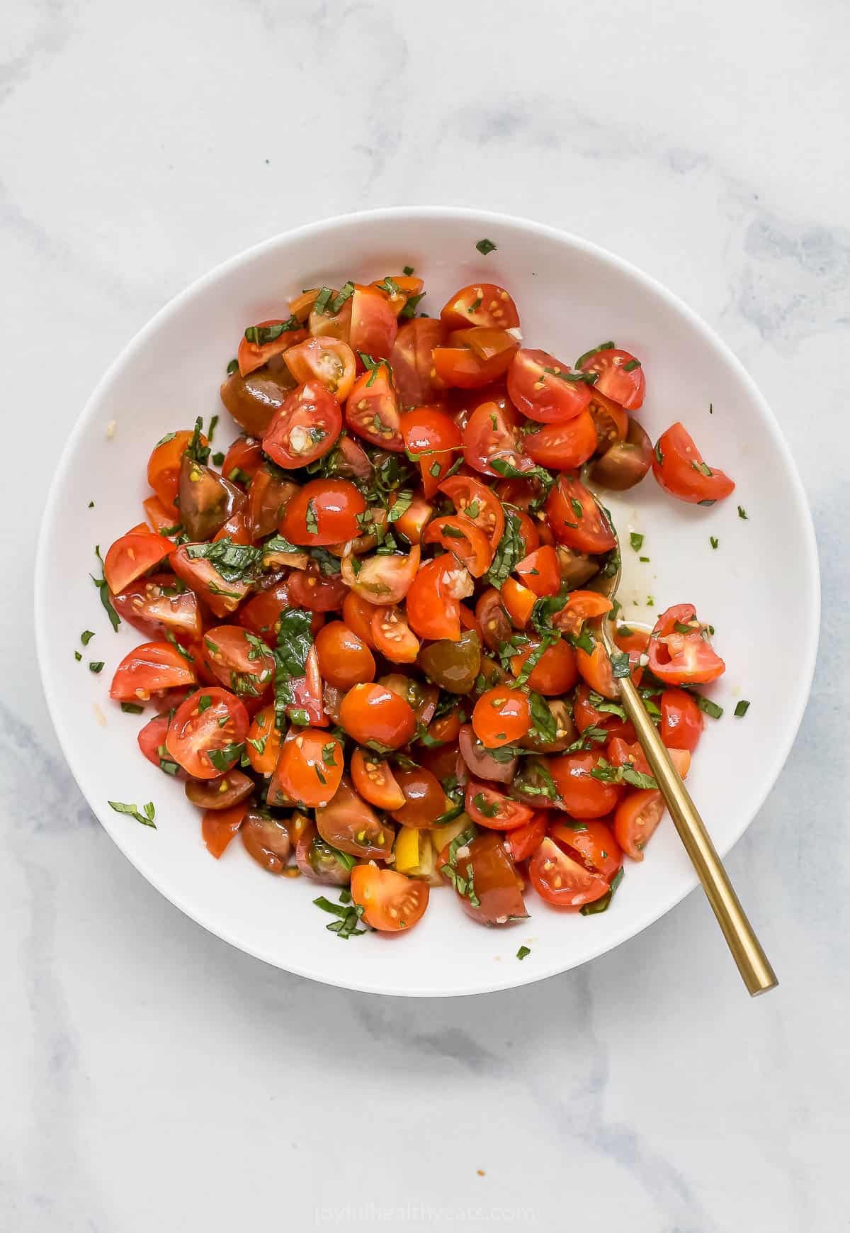 Overhead view of tomato bruschetta topping