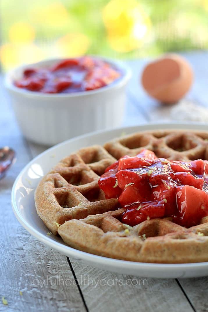 Image of a Healthy Homemade Waffle with Fresh Strawberry Vanilla Compote