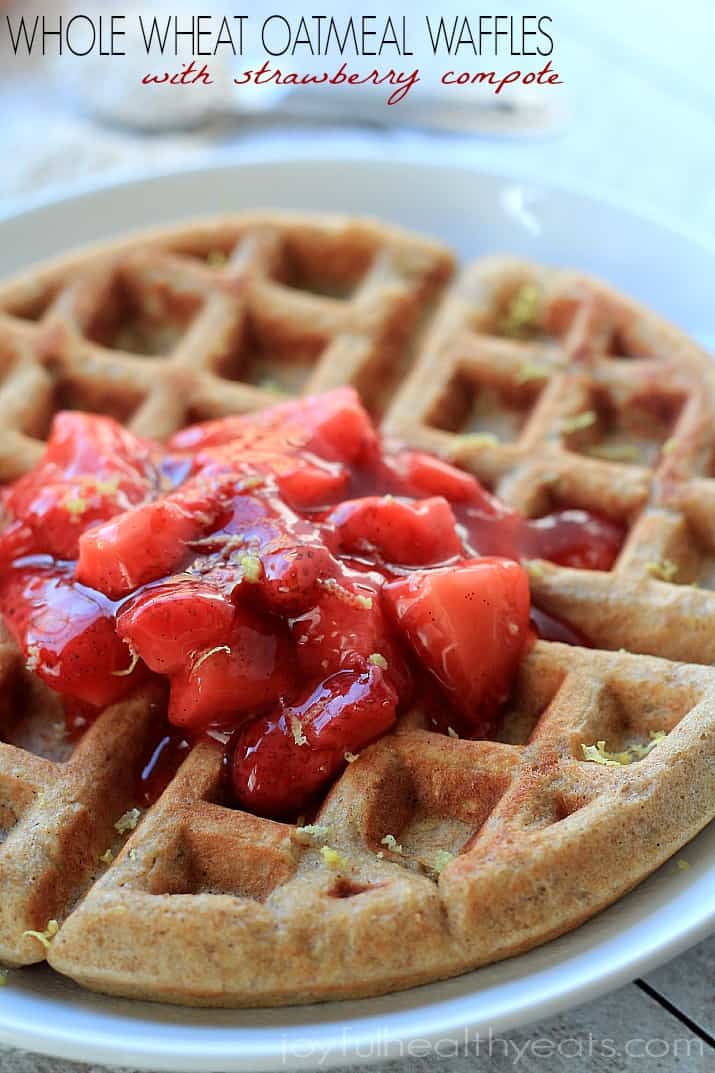 Close-up Image of a Whole Wheat Oatmeal Waffle with Strawberry Vanilla Compote