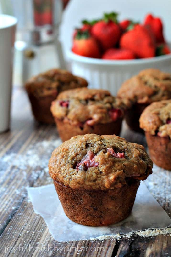 Moist Whole Wheat Strawberry Banana Muffins | www.joyfulhealthyeats.com