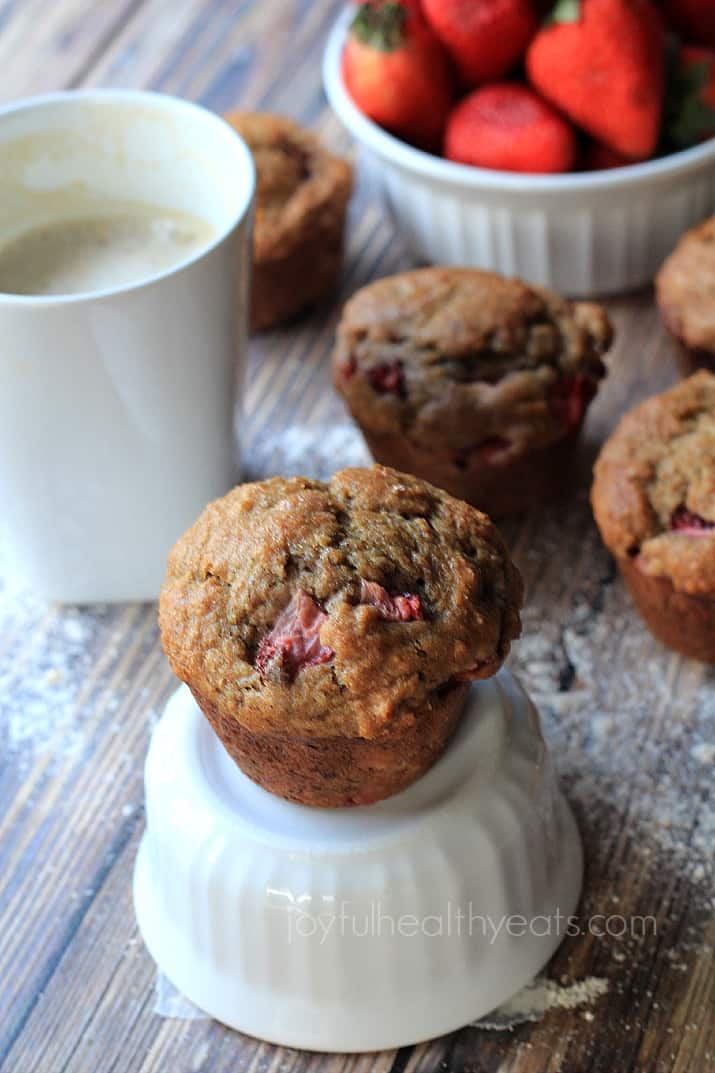 Moist Whole Wheat Strawberry Banana Muffins | www.joyfulhealthyeats.com