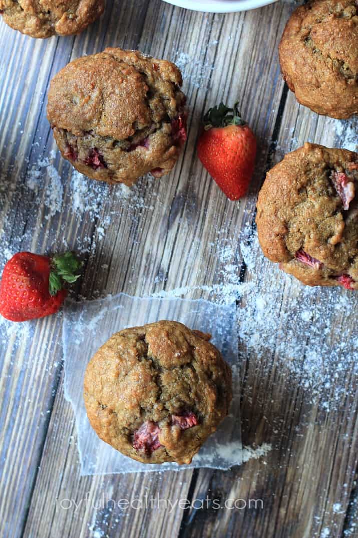 Moist Whole Wheat Strawberry Banana Muffins | www.joyfulhealthyeats.com