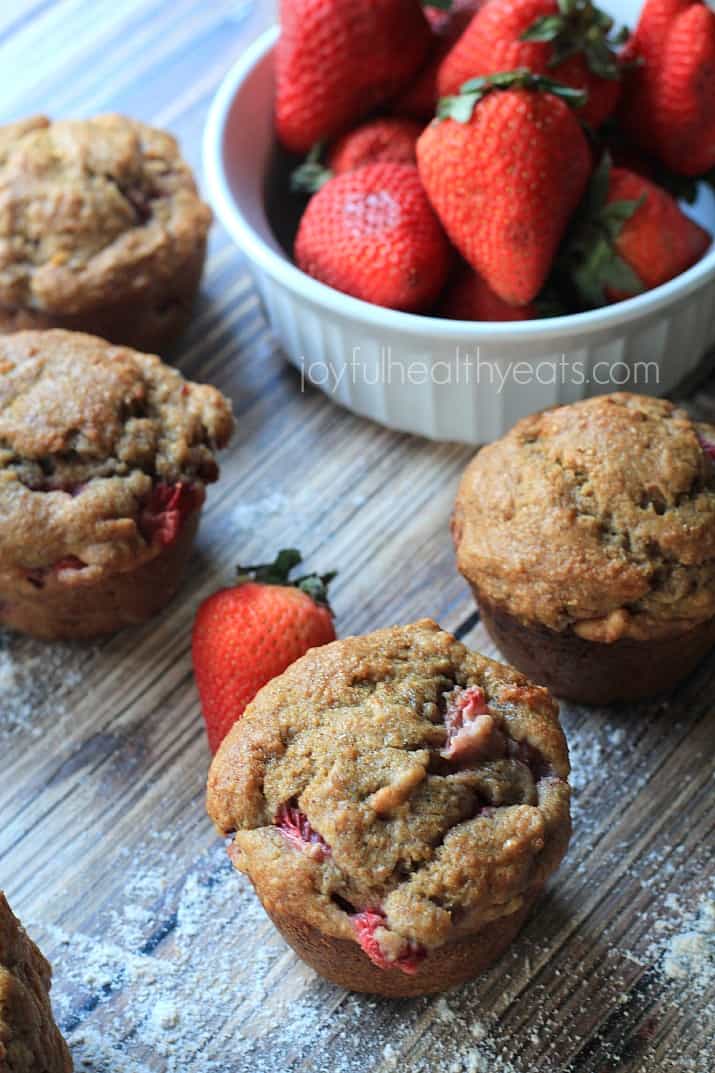 Moist Whole Wheat Strawberry Banana Muffins | www.joyfulhealthyeats.com