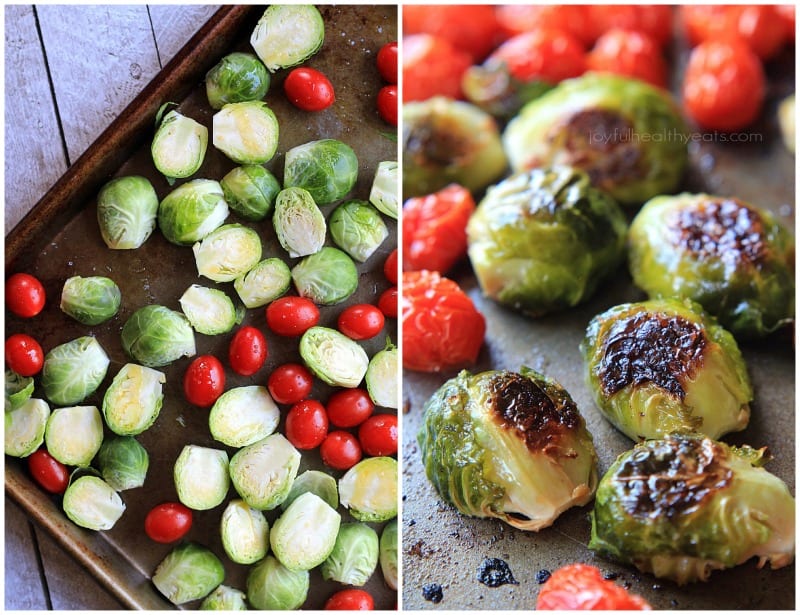 Brussels Sprouts and Grape tomatoes on a roasting pan