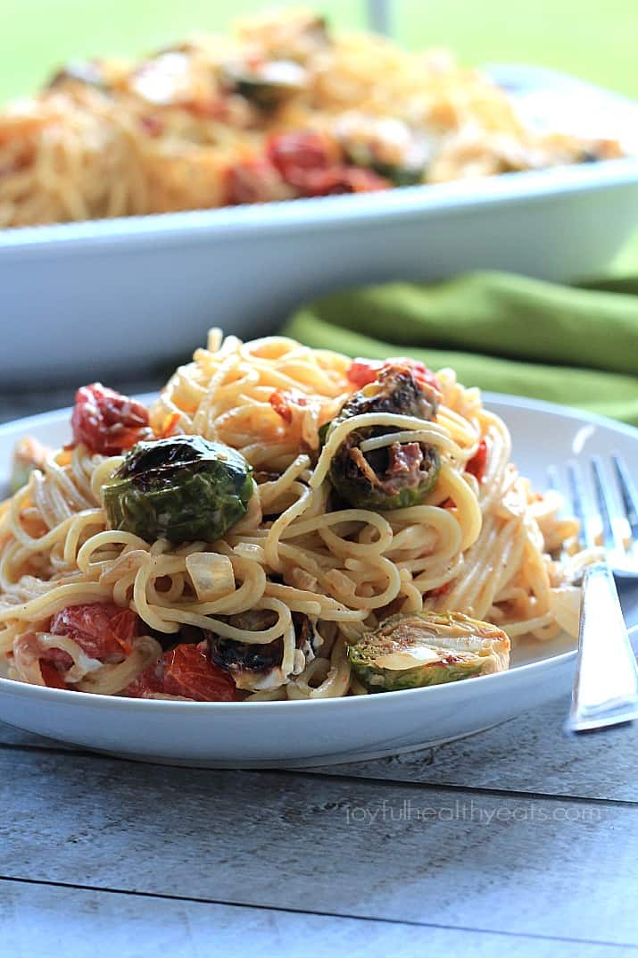 Caramelized Brussels Sprouts Pancetta Pasta with Creamy Goat Cheese Sauce