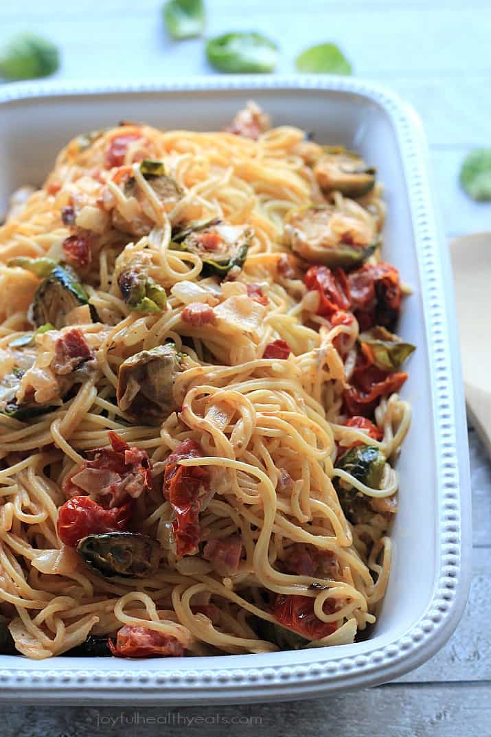 Caramelized Brussels Sprouts Pancetta Pasta with Creamy Goat Cheese Sauce in a casserole dish