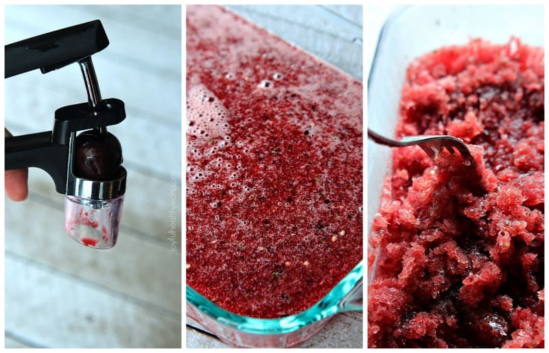 Collage of three steps for making Cherry Watermelon Granita recipe