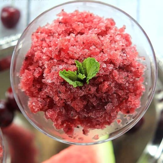 4 Ingredient Cherry Watermelon Granita, a light, sweet, and healthy dessert for the summer! | www.joyfulhealthyeats.com