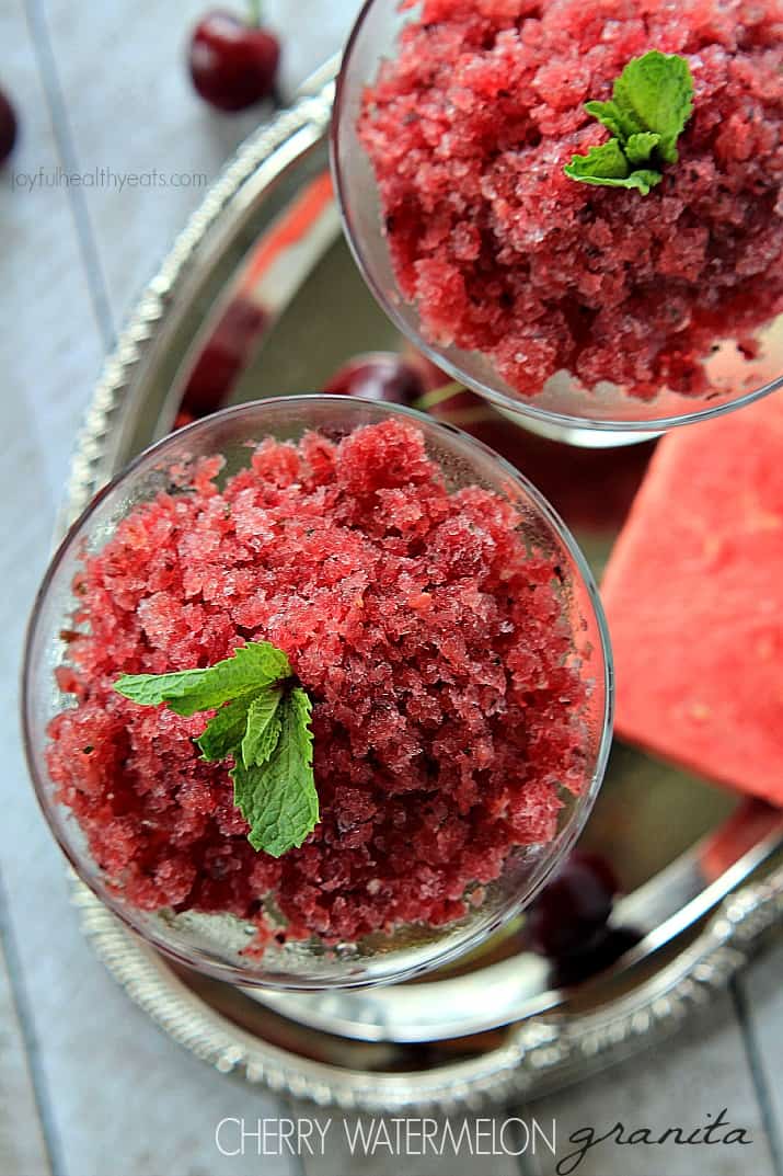 Top view of Cherry Watermelon Granita in glasses garnished with mint
