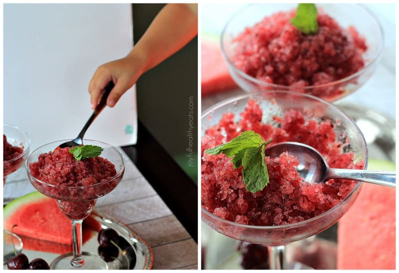 Collage of Cherry Watermelon Granita in serving glasses