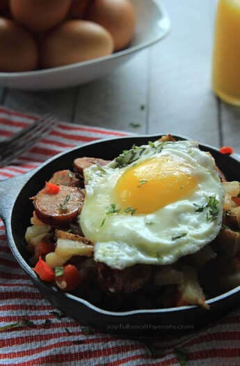 A quick easy and gluten free Chicken Sausage Potato Hash perfect for breakfast, lunch, or dinner! | www.joyfulhealthyeats.com