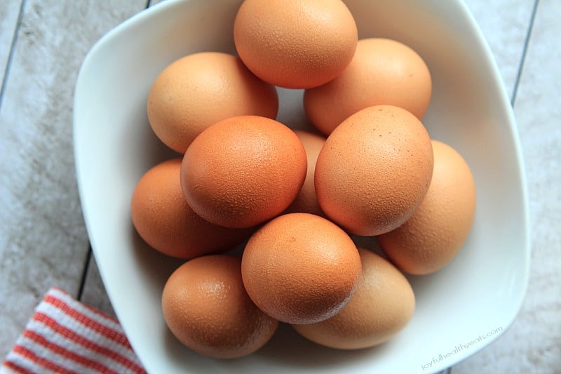 Top view of a bowl of brown eggs