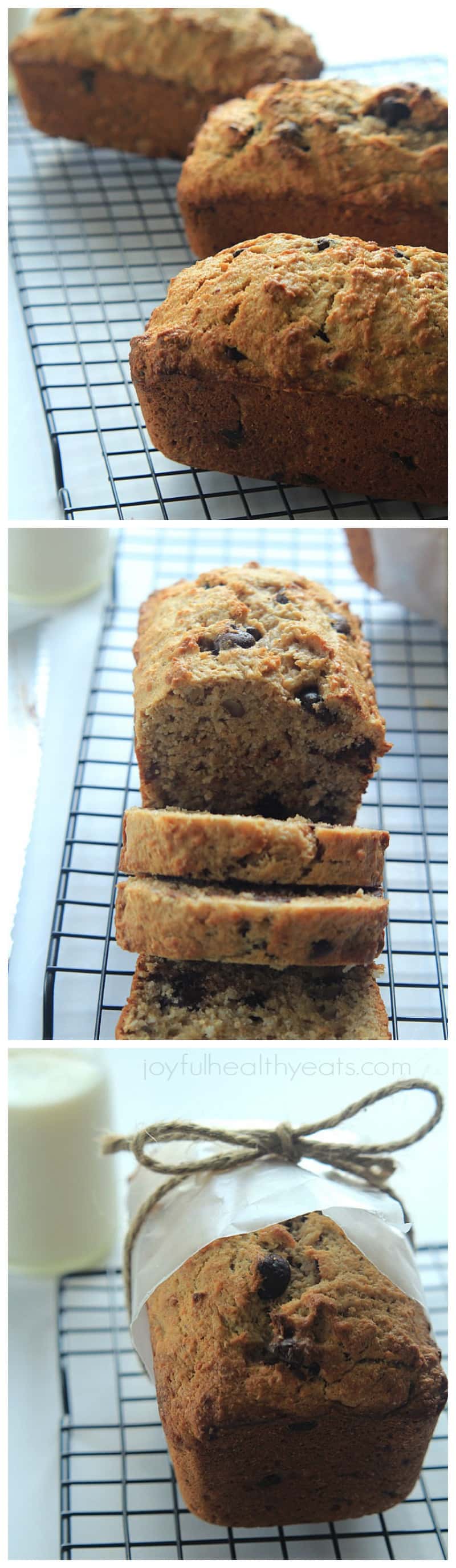 Collage of loaves of Coconut Pecan Chocolate Chip Banana Bread on a cooling rack