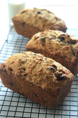 Three Loaves of Coconut Pecan Chocolate Chip Banana Bread on a Cooling Rack