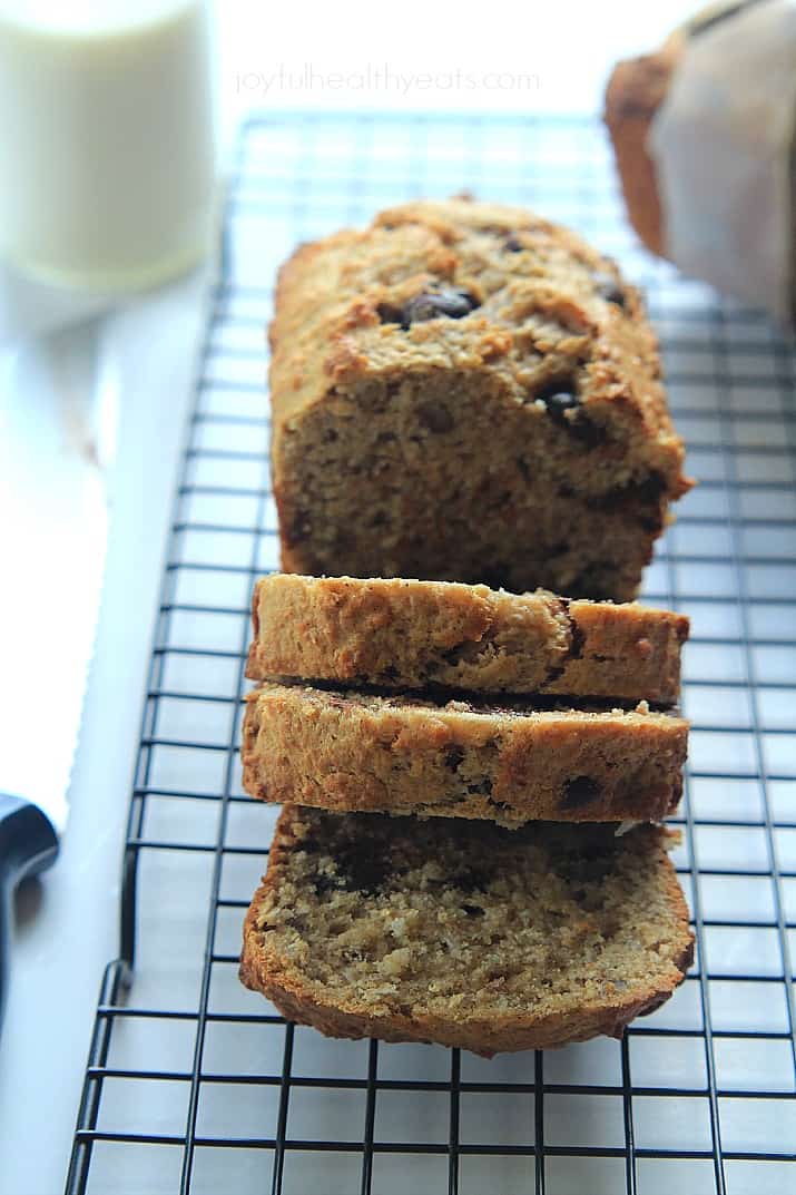 Coconut Pecan Chocolate Chip Banana Bread on a cooling rack