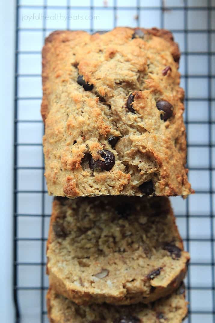 Top view of Coconut Pecan Chocolate Chip Banana Bread on a cooling rack