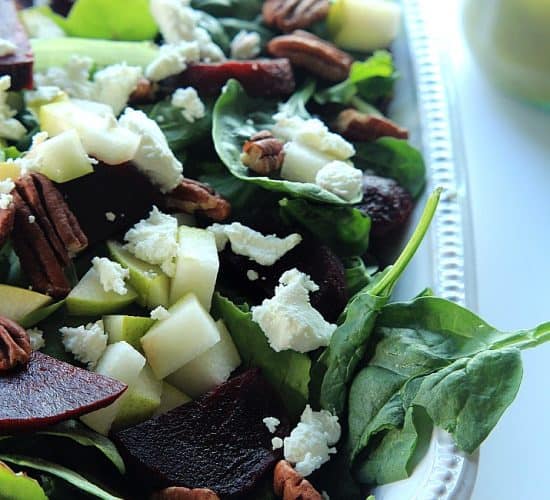 Goat Cheese Asian Pear & Beet Salad with Honey Mustard Vinaigrette | www.joyfulhealthyeats.com #glutenfree #vegetarian #30minutemeal