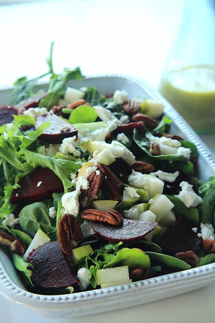 Goat Cheese Asian Pear & Beet Salad with Honey Mustard Vinaigrette in a serving dish