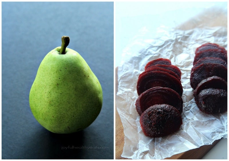 Collage of a whole pear and sliced beets