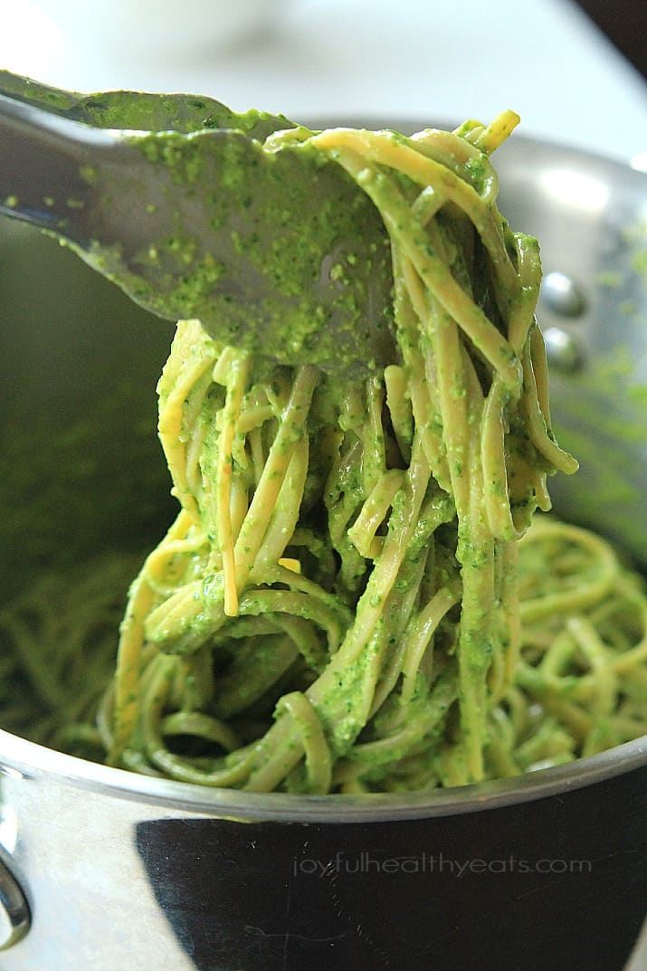 Pesto Pasta in a bowl with tongs