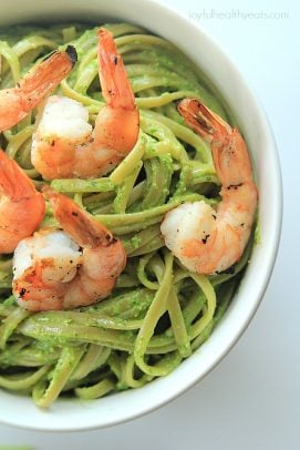 A Bowl of Goat Cheese Spinach Pesto Pasta with Grilled Shrimp