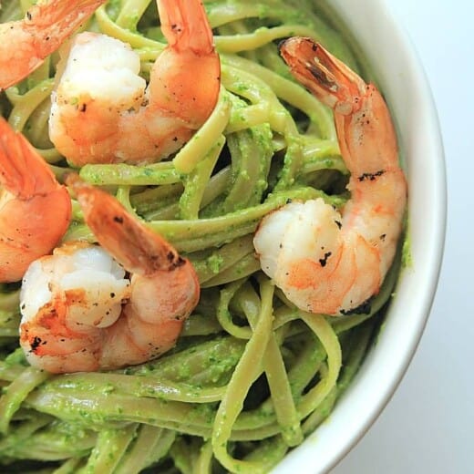 A Bowl of Goat Cheese Spinach Pesto Pasta with Grilled Shrimp