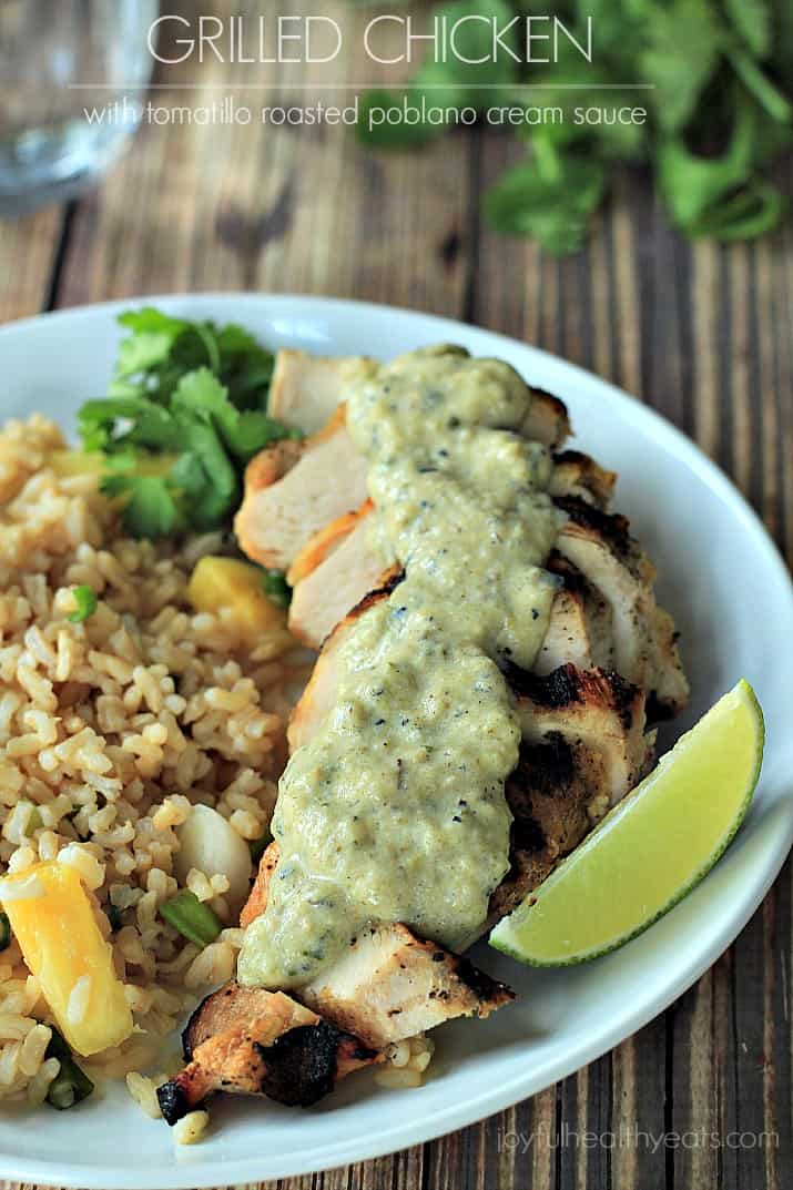 Grilled Chicken with Tomatillo Sauce and pineapple rice on a plate