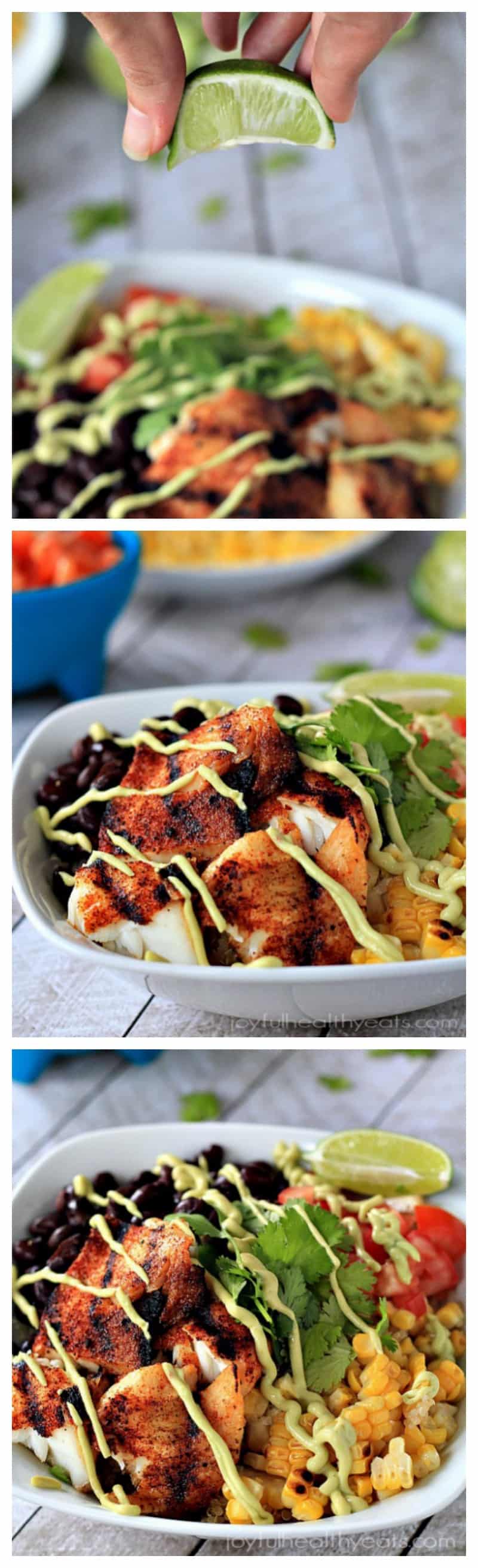 A Collage of three different angles of a Grilled Tilapia Bowl