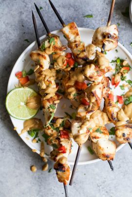 Image of Sesame Lime Chicken Kebabs with Spicy Thai Peanut Sauce