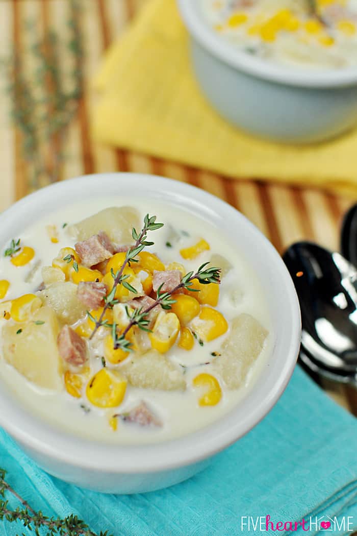Slow Cooker Corn and Potato Chowder in a Soup Bowl