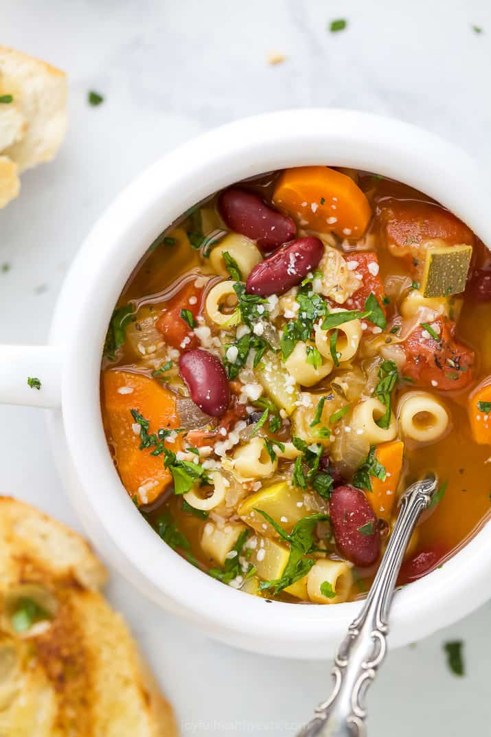 close up of easy classic minestrone soup in a bowl