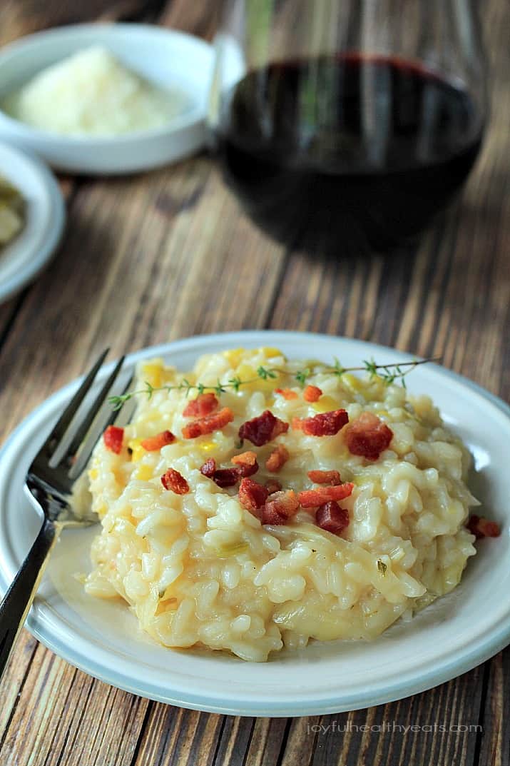 Creamy Leek Risotto with Crispy Pancetta on a plate