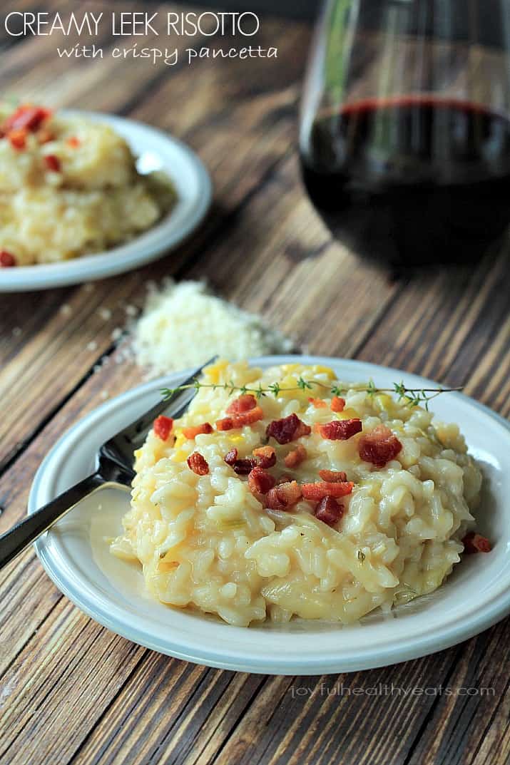 Creamy Leek Risotto with Crispy Pancetta on a plate