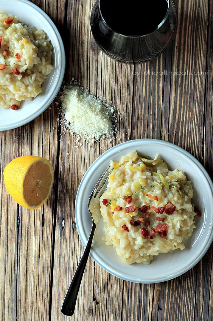 Top view of Creamy Leek Risotto with Crispy Pancetta on a plate