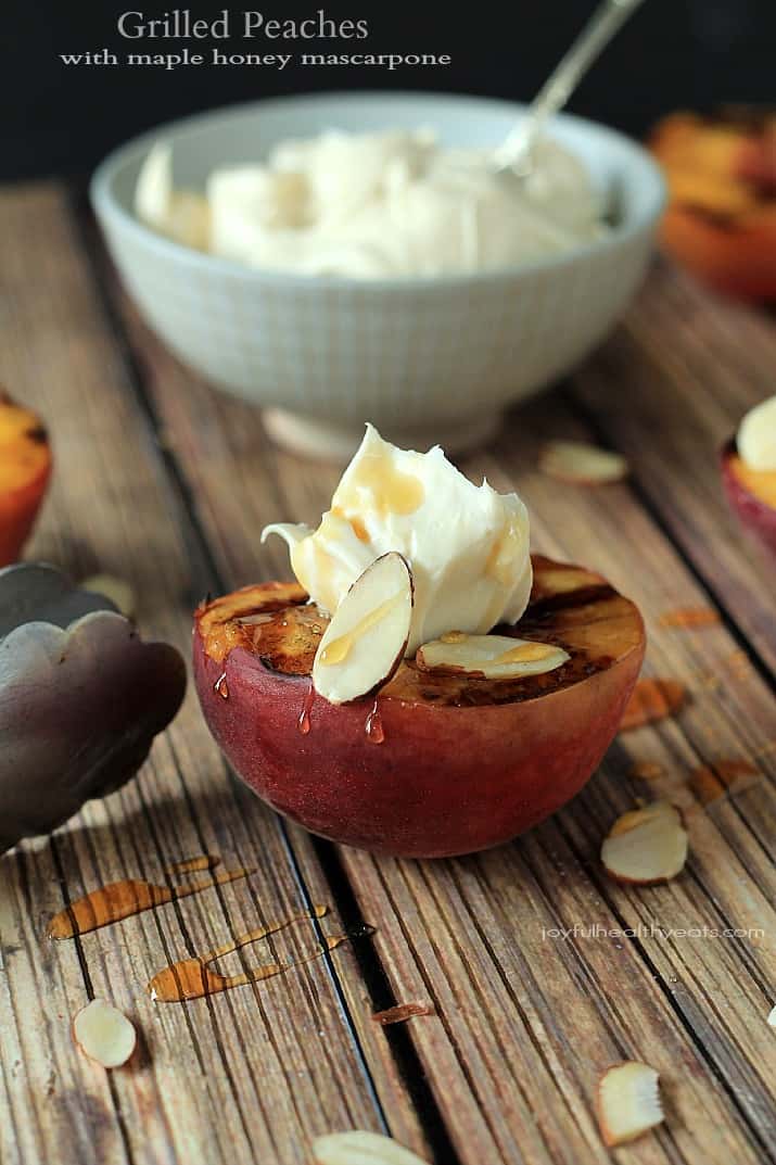 Grilled Peaches with Maple Honey Mascarpone Cheese on a wooden board