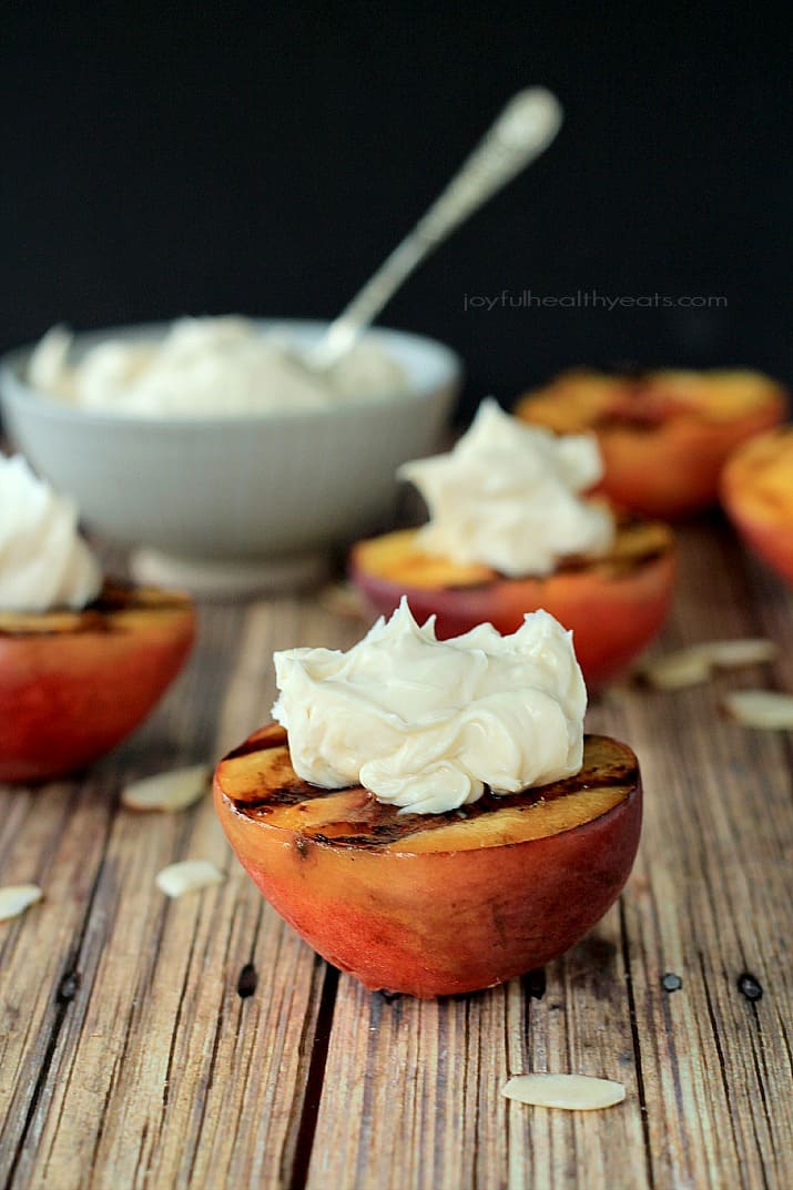 Grilled Peaches topped with with Maple Honey Mascarpone Cheese