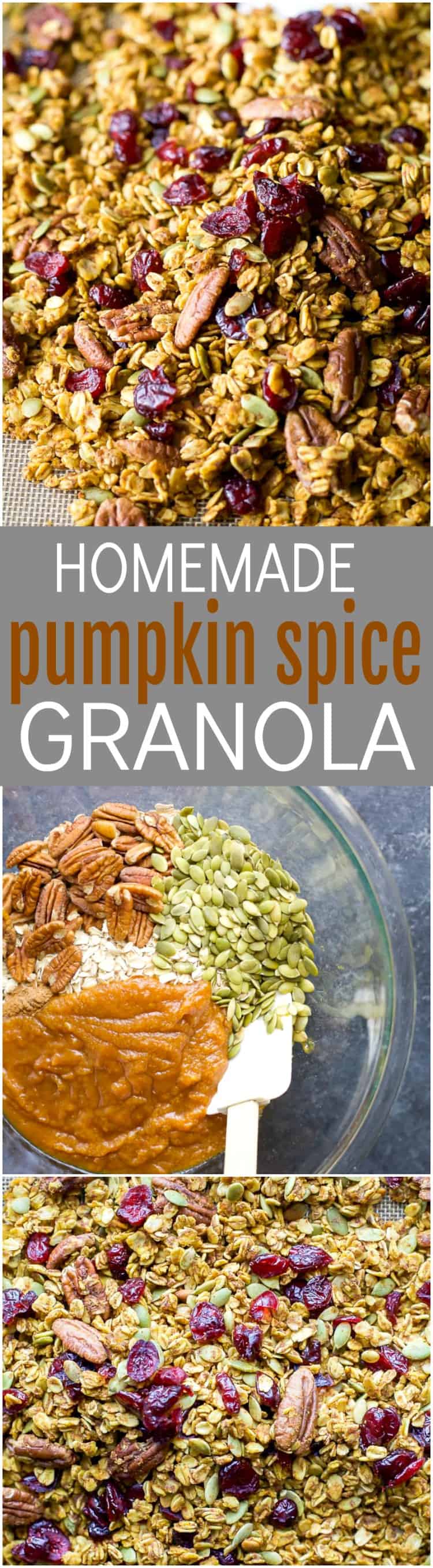 Une recette de granola à la citrouille et aux épices facile à faire et saine, dont vous voudrez vous régaler toute l'année ! Toutes vos saveurs d'automne préférées dans une recette de granola - citrouille, piment de la Jamaïque, noix de muscade, clous de girofle, cannelle ... son automne dans une bouchée ! Seulement 190 calories par portion!