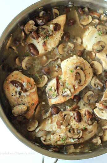 A Pot of Pan Seared Chicken with Wild Mushroom Thyme Sauce