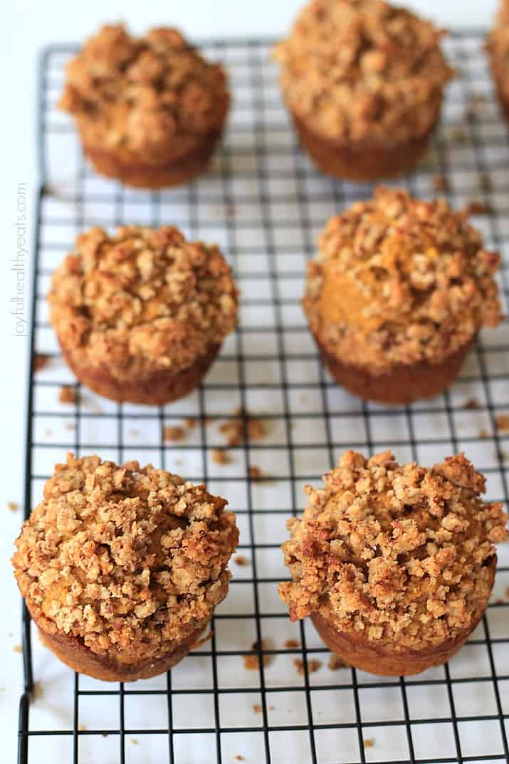 My new favorite on the go breakfast, Pumpkin Muffins with Cinnamon Pecan Streusel | www.joyfulhealthyeats.com #fallrecipes #pumpkin